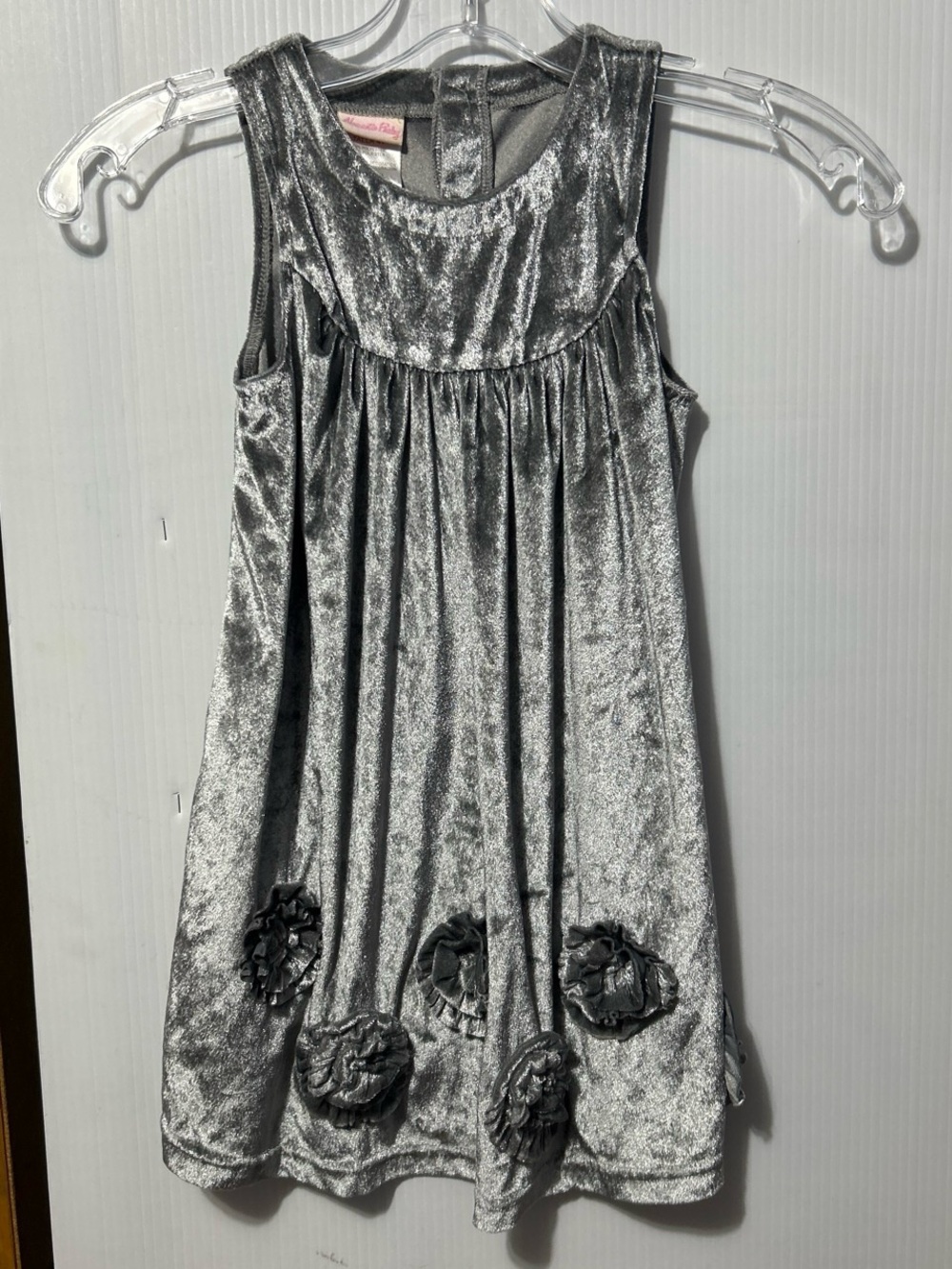 Girls Silver Velvet Floral Appliqué Dress